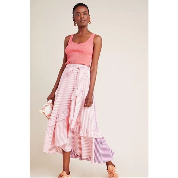 NEW Anthropologie Maeve Penny Ruffled Poplin Striped Wrapped Midi Skirt Medium - Picture 1 of 5